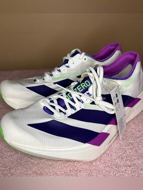 Men's Adidas Adizero Adios Pro 4 RunningShoes White / Purple /Lime Sz 9.5 JR1656